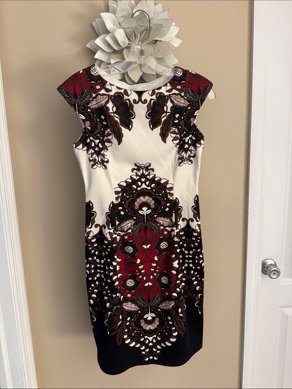 London Style Ivory Sheath Dress with Red & Brown Ornamental Motif